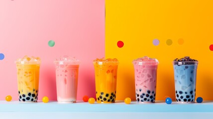 Fototapeta premium Colorful Bubble Tea Drinks on a Pastel Background with Confetti