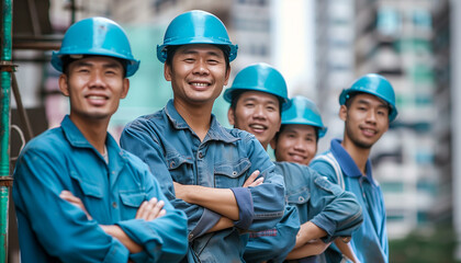 Group of asian construction workers smiling on building site