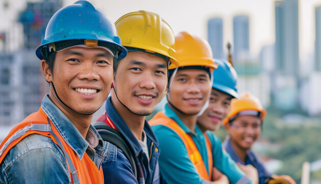 Team of asian construction workers smiling on building site