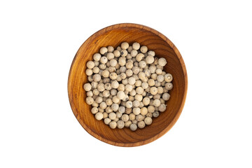Peppercorns (white pepper) in wooden teak bowl isolated on white background with clipping path.Top view.