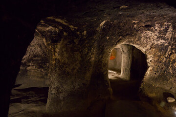 Interior view of premises of Kaymakli underground city in Cappadocia, Turkey