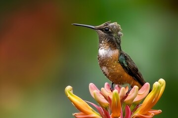 Obraz premium Hummingbird Macro Photography: Bird with Open Beak on Flower Perch