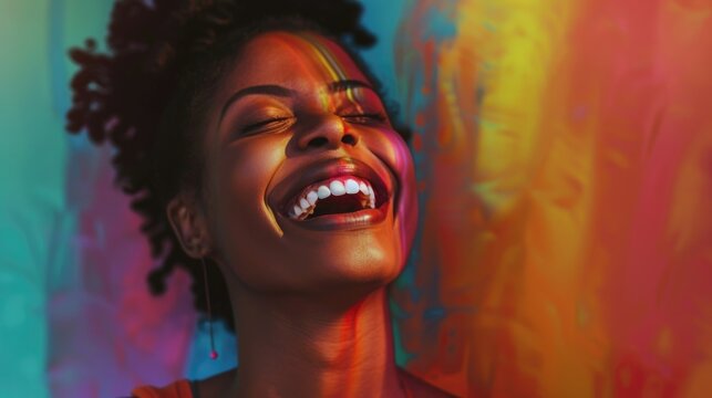 A happy woman smiling with her eyes closed against a vibrant and colorful backdrop