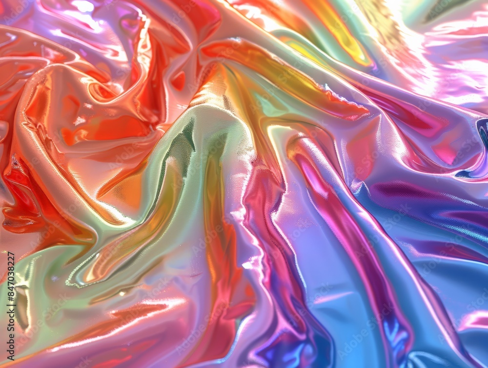 Poster iridescent fabric background with shiny shimmering textured drape and folds in rainbow colors