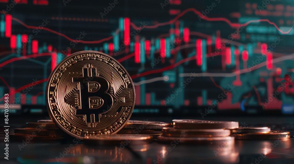 Poster bitcoin in front of financial graph with up trend line candlestick chart in stock market. generative