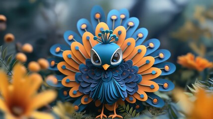 peacock bird in flower garden, baby animal nursery papercraft paper cut  illustration