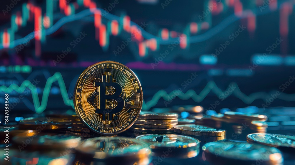 Poster bitcoin in front of financial graph with up trend line candlestick chart in stock market. generative