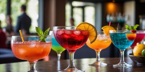 An array of vibrant cocktails with garnishes on a bar with a blurred background suggesting a social event