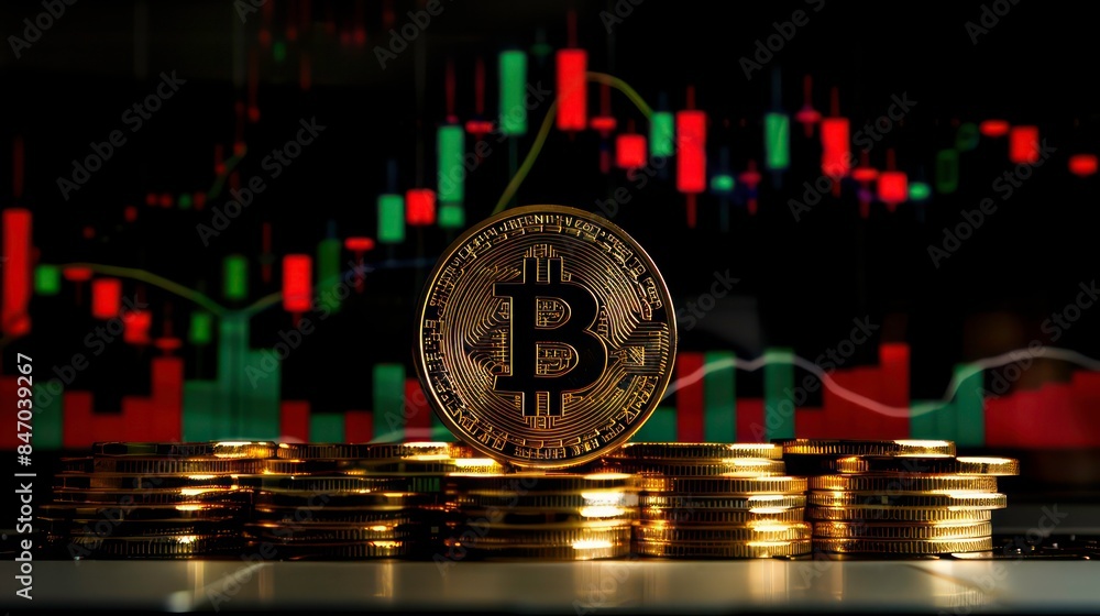 Poster bitcoin in front of financial graph with up trend line candlestick chart in stock market. generative