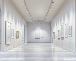 Museum interior with soft dove gray walls, assorted white frames, and precision spotlights from above. Appears as a realistic HD photo.