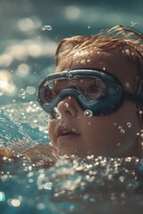 Naklejka premium A young boy is swimming in a pool while wearing goggles, great for use in photography projects or as a visual aid