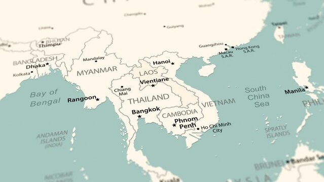 Laos on the world map. Smooth map rotation. 4K animation.