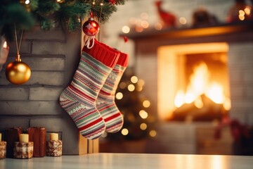 A Christmas stocking hangs from a fireplace next to a decorated Christmas tree