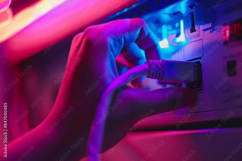 Poster hand plugging ethernet cable into modem - emphasizing connectivity and technology for networking con