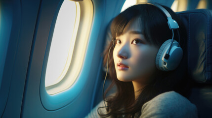 Woman listening to music or podcast on plane ride, suitable for travel or technology themes