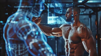 A shirtless man with a muscular physique stands in front of a digital screen, using interactive technology for fitness training.
