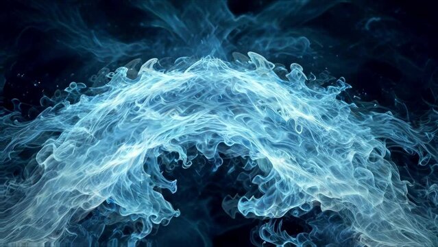 Abstract background with energy fire smoke, electric waves, blue white fire waves moving beautifully in dark space. Transformation of blue cosmic energy in a stunning visualization of the universe.4K