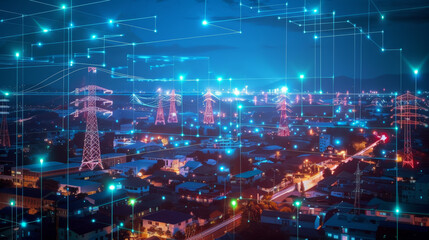A cityscape with many lights and wires, with a sense of technology