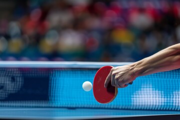 Olympic Table Tennis Player Serving with Focus on Paddle and Ball During Competitive Match