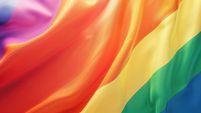 A close-up shot of a rainbow-colored flag with a bold design and vibrant colors
