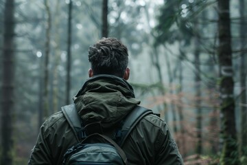 Obraz premium Lone adventurer wearing a backpack gazes into the foggy woodland, embodying a sense of wanderlust and discovery