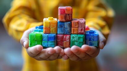 Child s hands creatively building with colorful blocks in engaging play activity