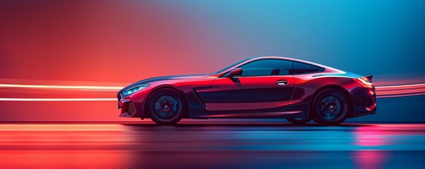 Sleek red sportscar driving at high speed with blurred lights on a red and blue background