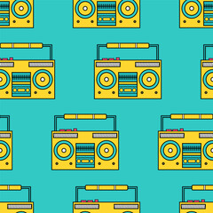 Cartoon colored boombox seamless vector pattern. Isolated. Wave