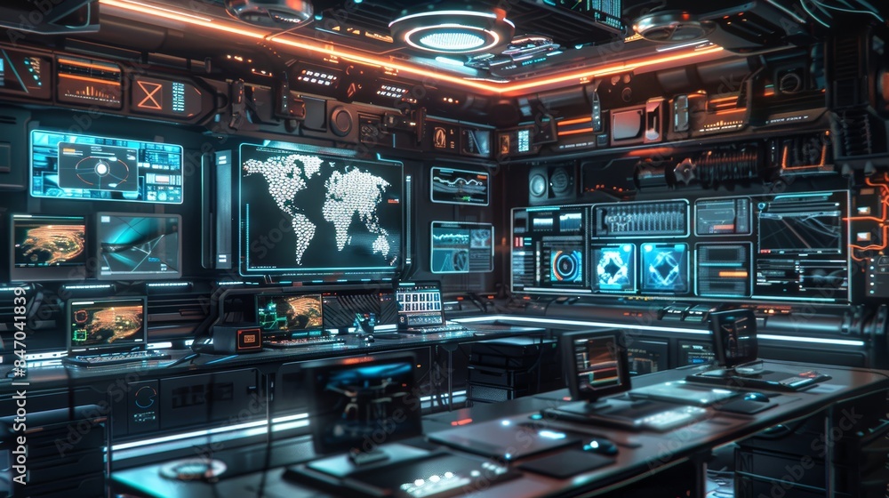 Poster high-tech futuristic workspace with multiple screens and glowing transparent cables for tech enthusi