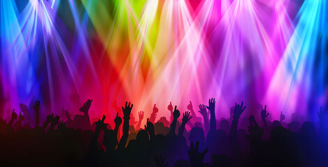 A vibrant concert scene with the crowd cheering and waving their hands in excitement, illuminated by colorful stage lights. The audience is silhouetted against a bright color design