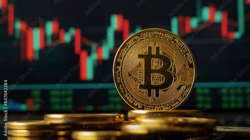 Poster bitcoin in front of financial graph with up trend line candlestick chart in stock market. generative