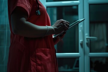 A woman holds a tablet computer while wearing a bright red dress, suitable for technology or fashion related concepts