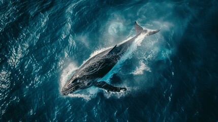 Top view of a whale breaching the water's surface, creating a breathtaking display of power and grace.