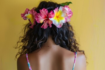 Naklejka premium Rear view of a woman adorned with vibrant tropical flowers in her curly hair, posing before a yellow backdrop