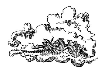 Obraz premium Set of clouds in hand drawn vintage retro style isolated on white background. Cartoon design elements. Vector illustration.