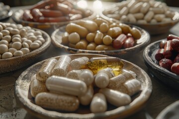 A table top filled with multiple types of pills, useful for depicting a medicine cabinet or health-related context