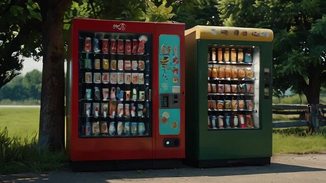 Red and Green Vending Machines in a Park Setting