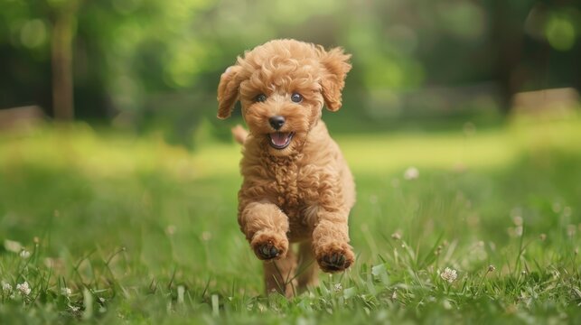 a cute Toy Poodle puppy playing fetch in a park