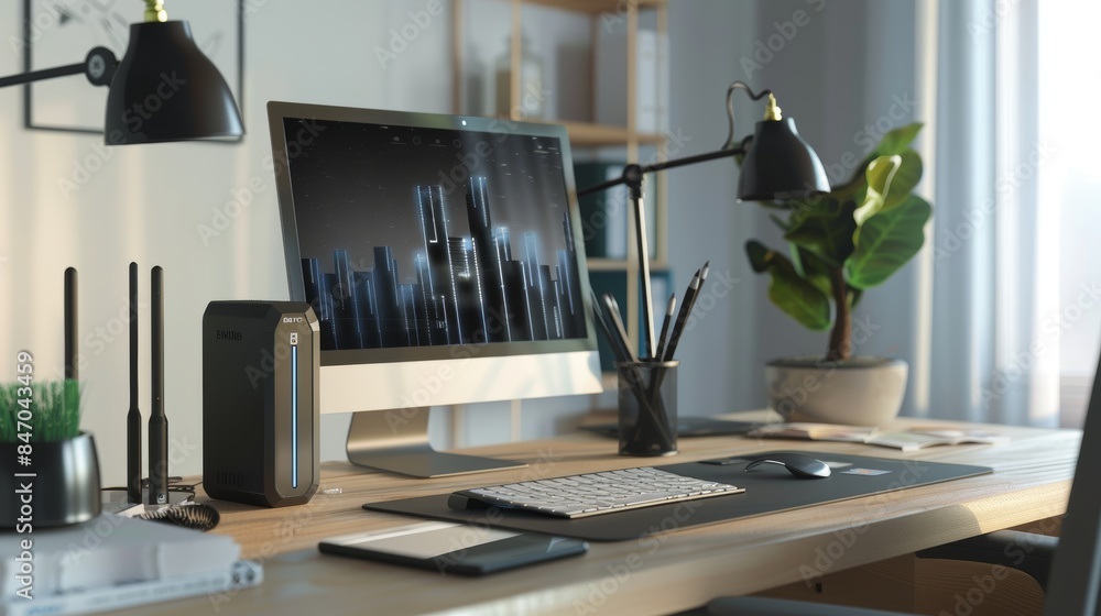 Poster modern home office setup with wireless devices and router for seamless internet connection