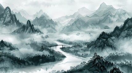 Elegant landscape depiction of misty mountains and a winding river in Chinese ink painting art
