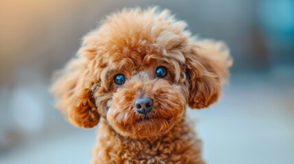 Photos of an adorable Toy Poodle with big brown eyes and a fluffy coat,