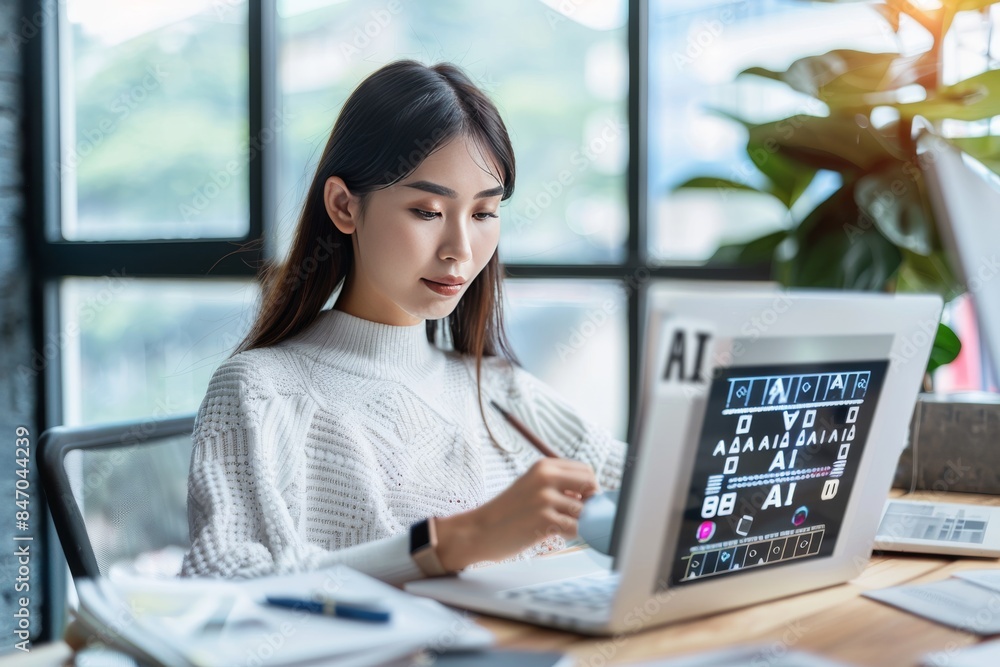 Poster woman working on a laptop with ai interface, representing the integration of artificial intelligence