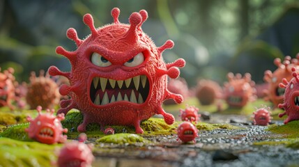 Disturbing cartoon microbes infest grimy carpet, creating a menacing and unsettling infection