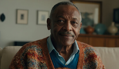 Ernie, a 65 year old man, brown skin, brown eyes, slight smile, wearing a colorful sweater.