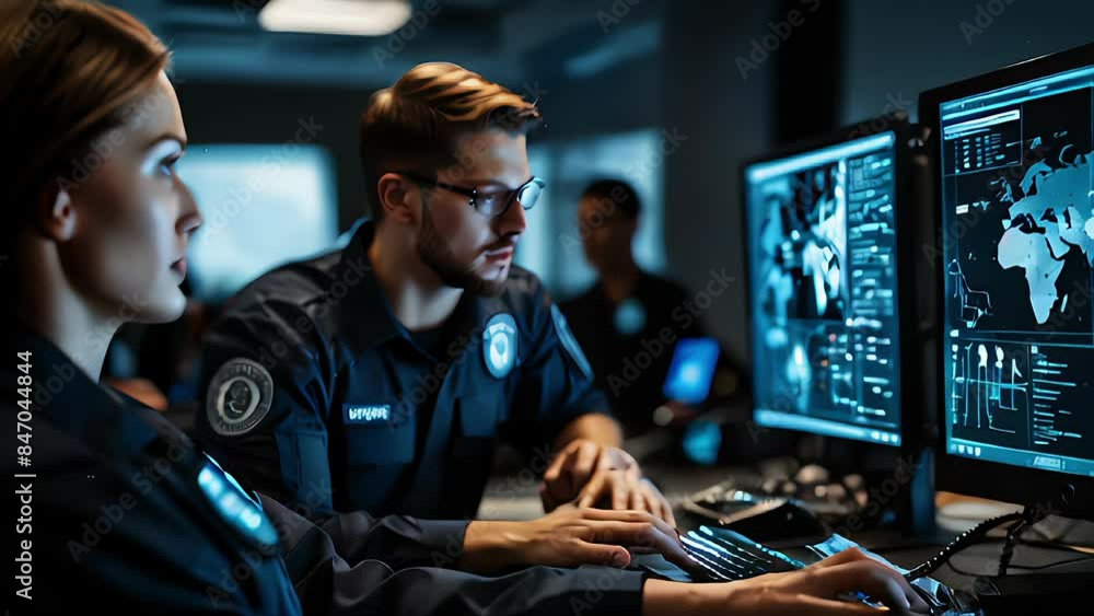 Poster cybersecurity team focused on breach response in a high-tech control room.