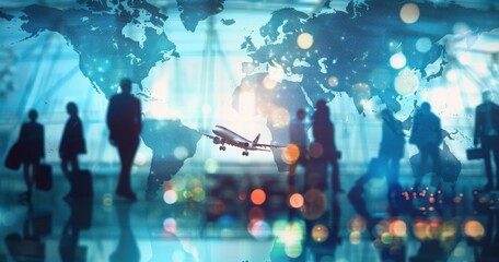 Blurry image of people walking in airport with plane taking off. World map superimposed, depicting travel and globalization