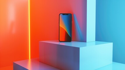 Smartphone standing on a cube step of blue and orange gradient cubic background