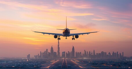 A plane descends over the Dubai skyline during a beautiful sunset