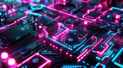 A close-up shot of a neon-lit circuit board with intricate wiring and glowing elements