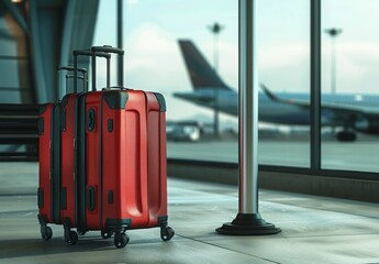 A red suitcase stands beside a large window in an airport terminal, with a blurry airplane visible in the background